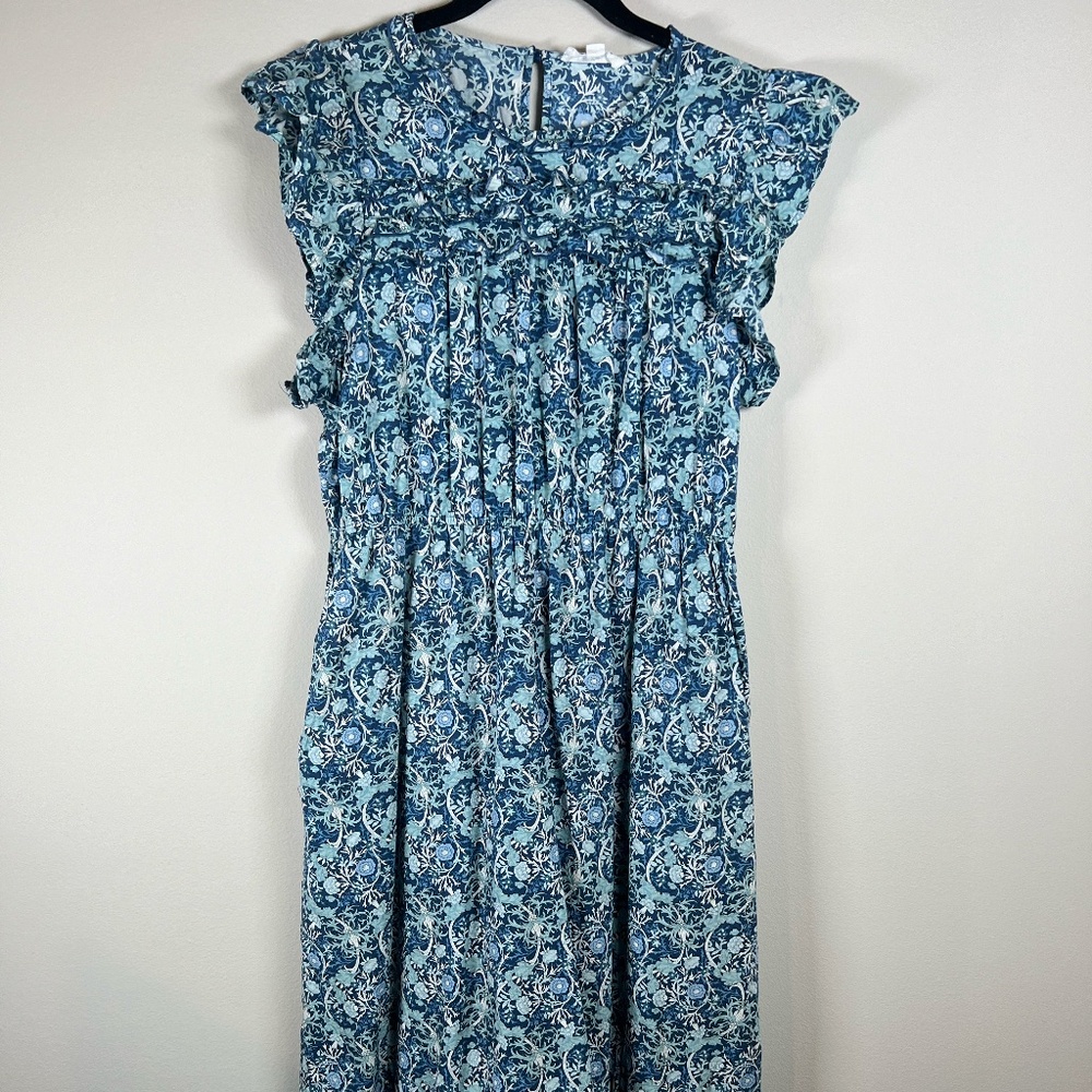 Anthropologie THML Floral Midi Dress Blue White Large Dainty Tiered Ruffle Boho